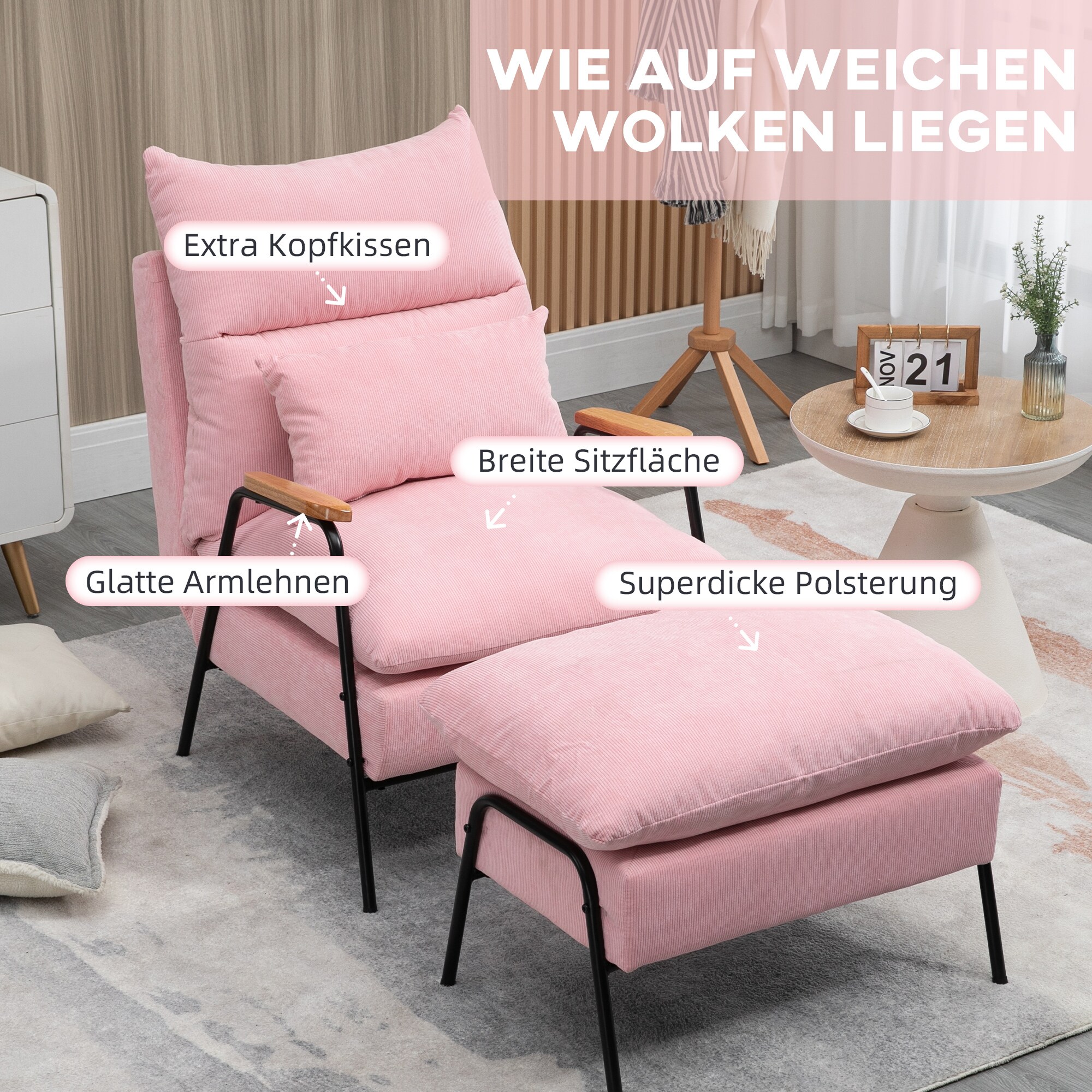 HOMCOM Polstersessel mit Kissen und Fußhocker 68L x 91,5B x 88H cm