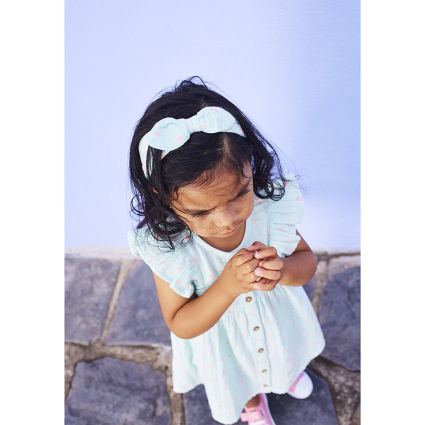 Ensemble 3 pièces robe + bloomer + bandeau à pois pour bébé fille - Bleu