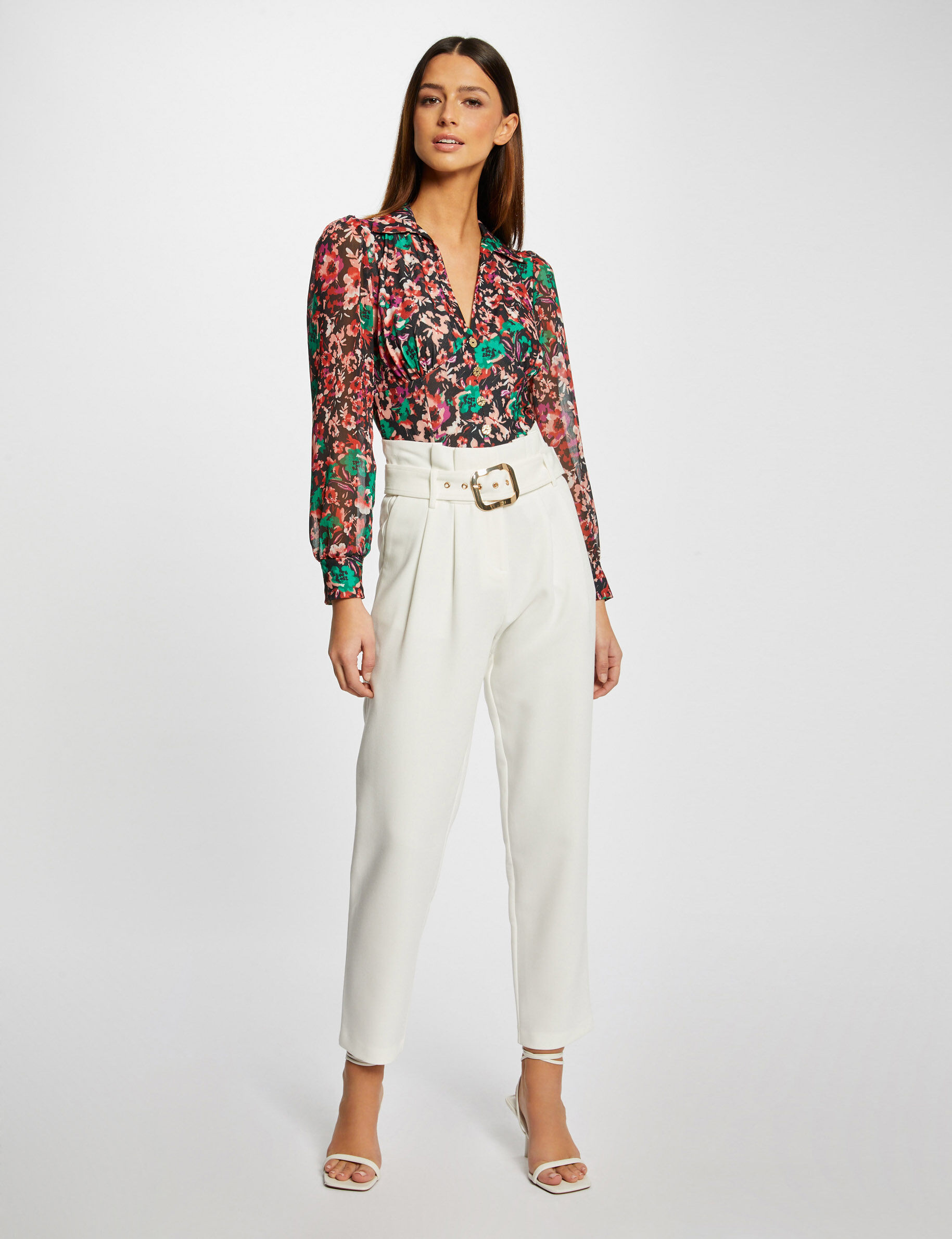 Pantalon droit taille haute ceinturé ecru femme - ecru