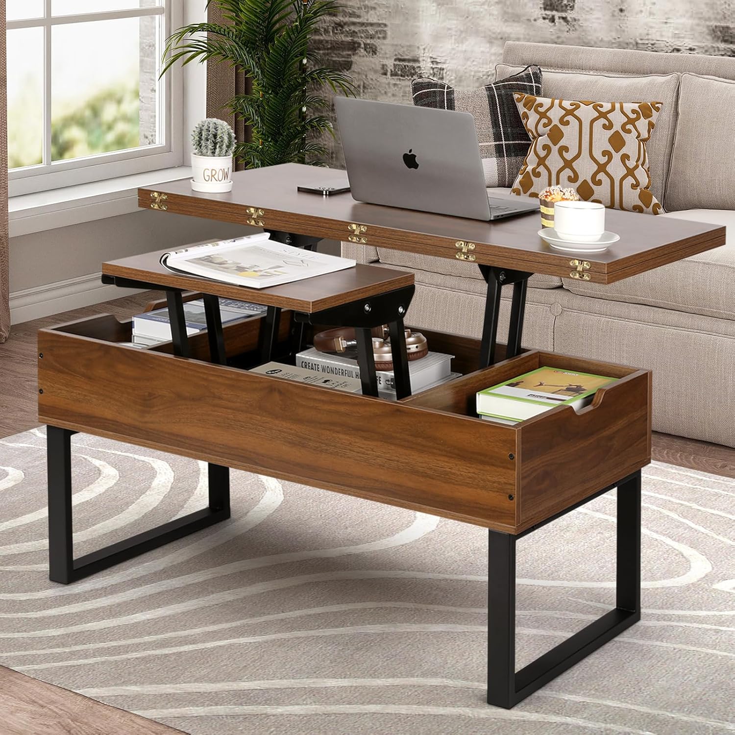 VOWNER Couchtisch Höhenverstellbar, 3-in-1-Multifunktions-Wohnzimmertisch mit Versteckter Aufbewahrung, Couchtisch Umwandelbar in Wohnzimmer-Esstisch, Walnussfarbe