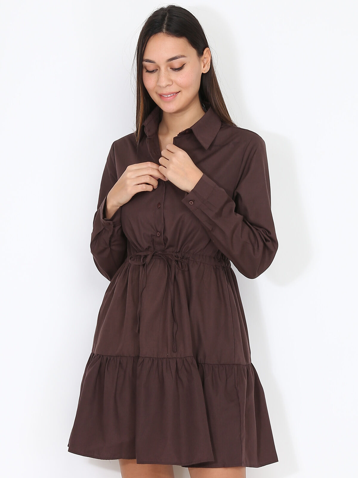 Robe chemise à volants- Marron