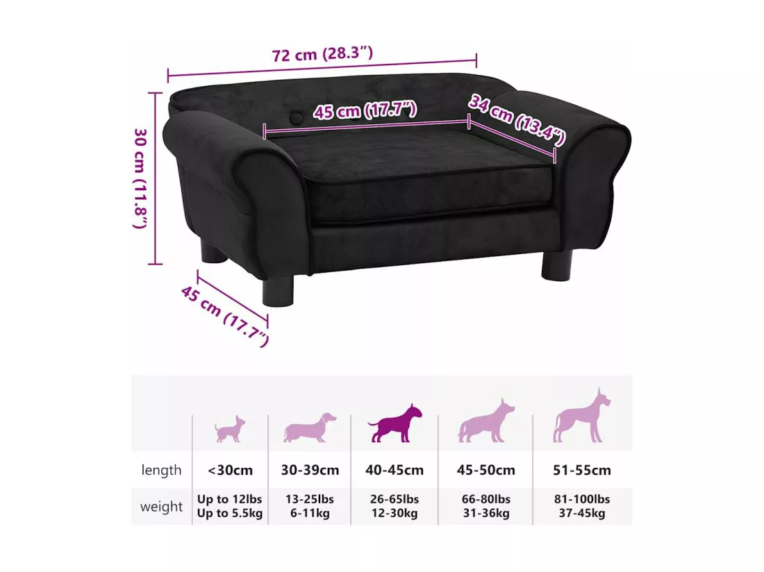 Canapé pour chien Noir 72x45x30 cm Peluche