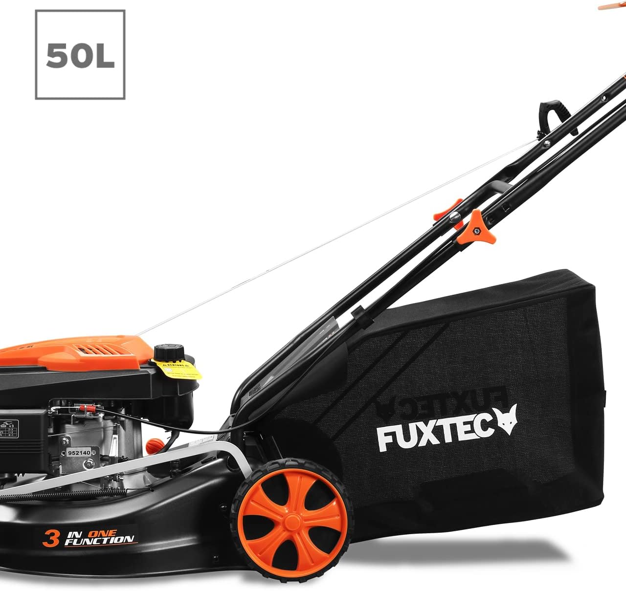 FUXTEC 3in1 Benzin Rasenmäher FX-RM4646ECO mit Frontbumper, leichtgewichtiger Gartenmäher mit Edge-Cut, 46 cm Schnittbreite, starker 4-Takt-Motor, Heckauswurf, Big Wheel Räder, 50L Grasfangkorb