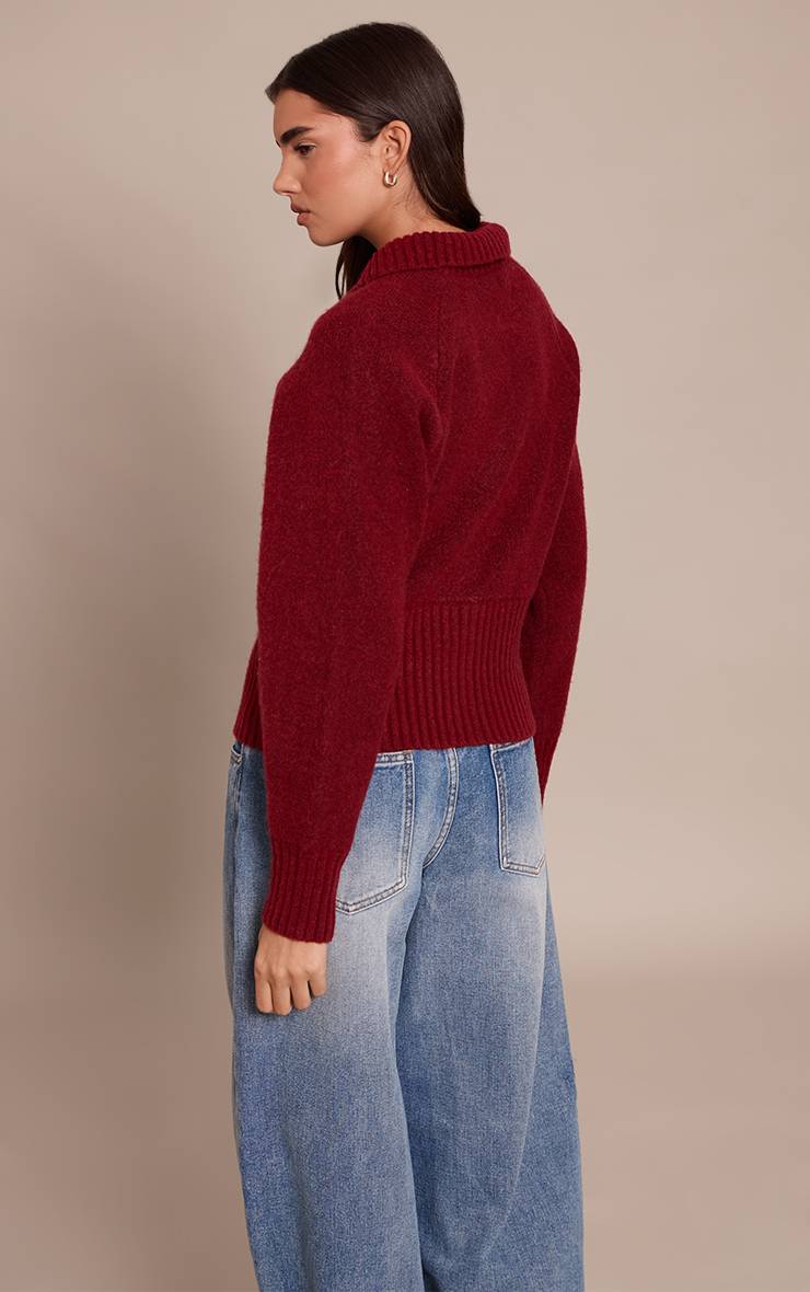 Rouge Vin Cardigan Tricoté À Col Avec Détail À La Taille