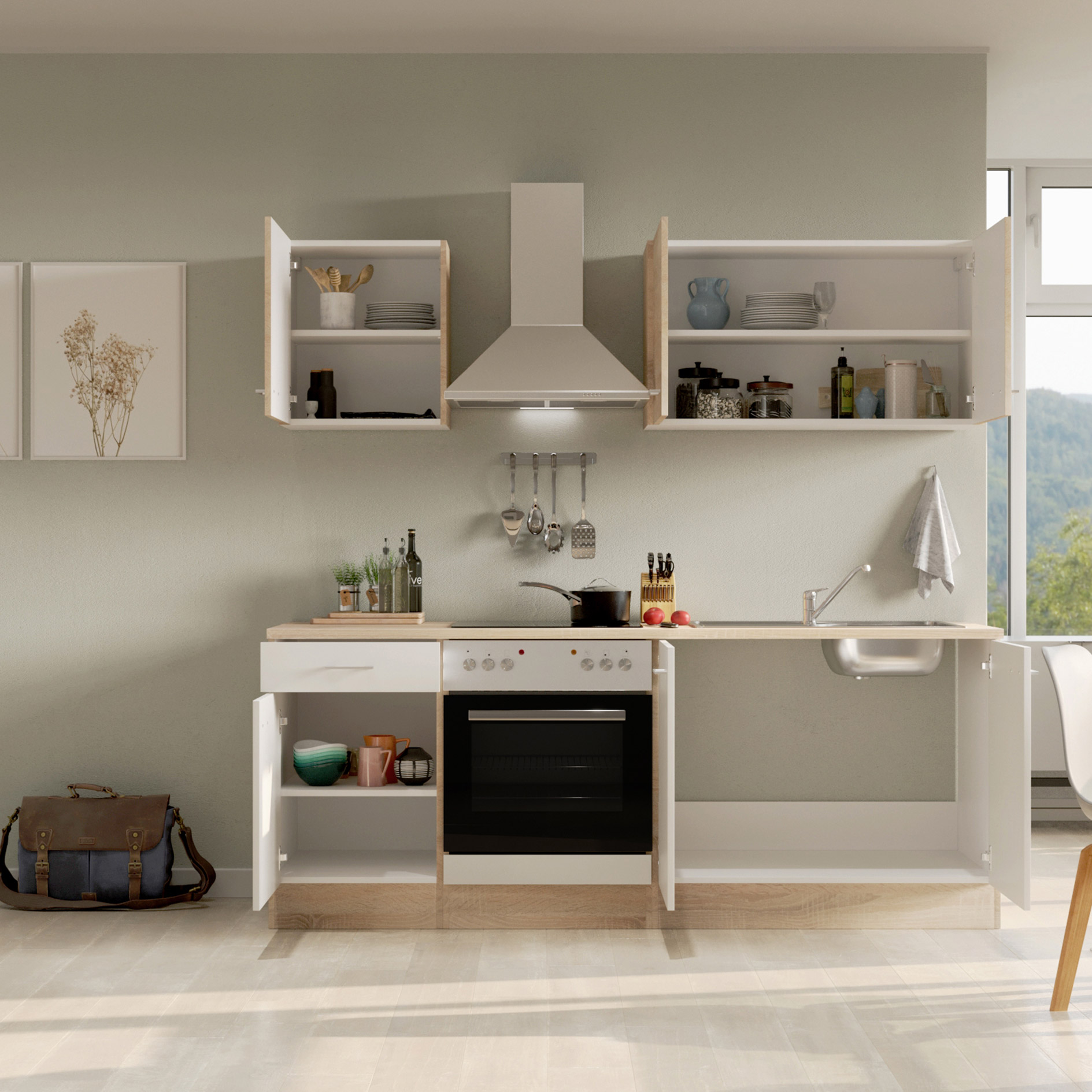 Küchenblock SAMOA - weiß - Sonoma Eiche - mit E-Geräten - 210 cm