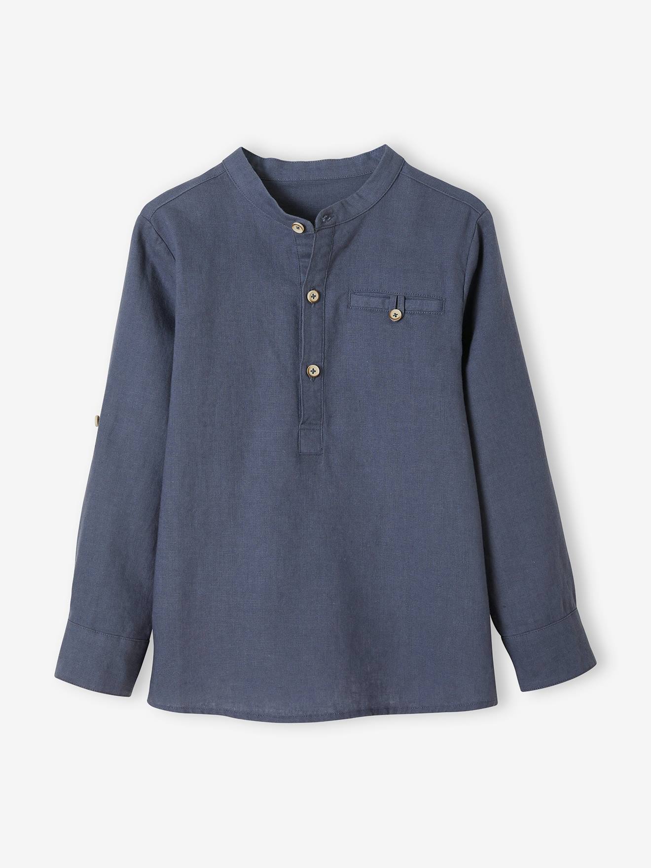 Camisa infantil de linho/algodão com gola mandarim, mangas compridas, lisa e branca.