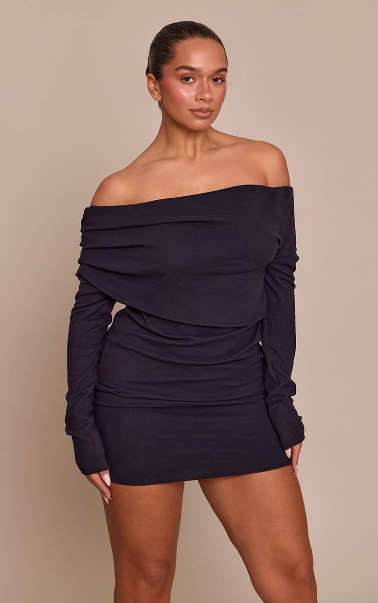 Noir Robe Moulante À Manches Longues En Tissu Doux Toucher Bardot Avec Col Replié