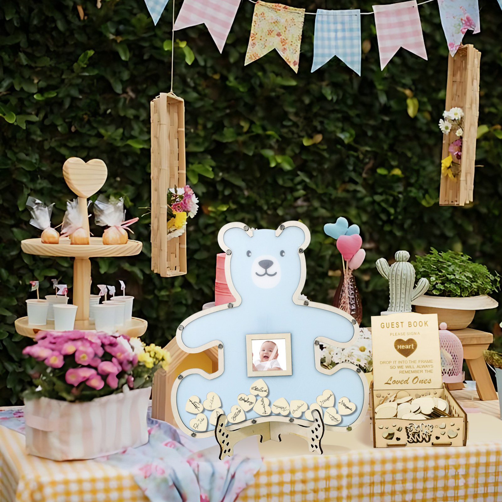 (37x35cm) Echtholz Teddy Bär Baby Shower Gästebuch Aufstellbares Party Gender Reveal Guest Book für 80 Gäste - Blau