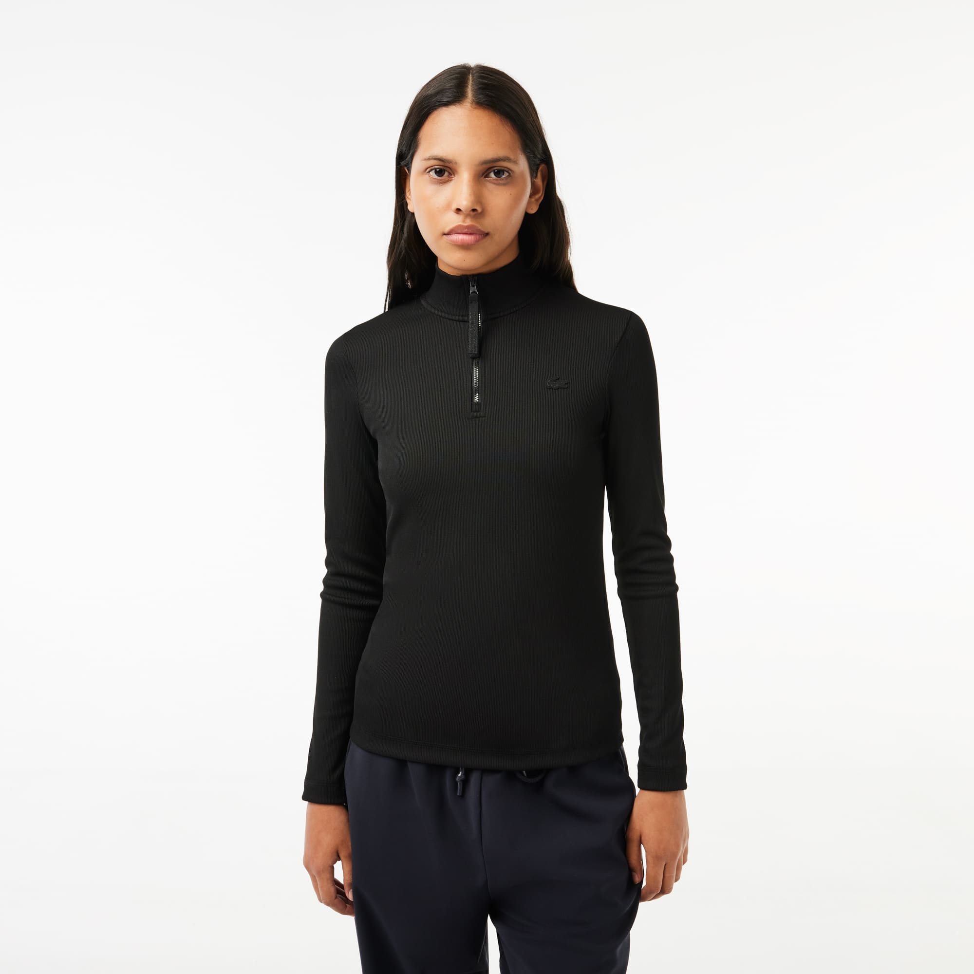 Polo manches longues col zippé en maille côtelée Manches Longues - Noir - Lacoste - Femme