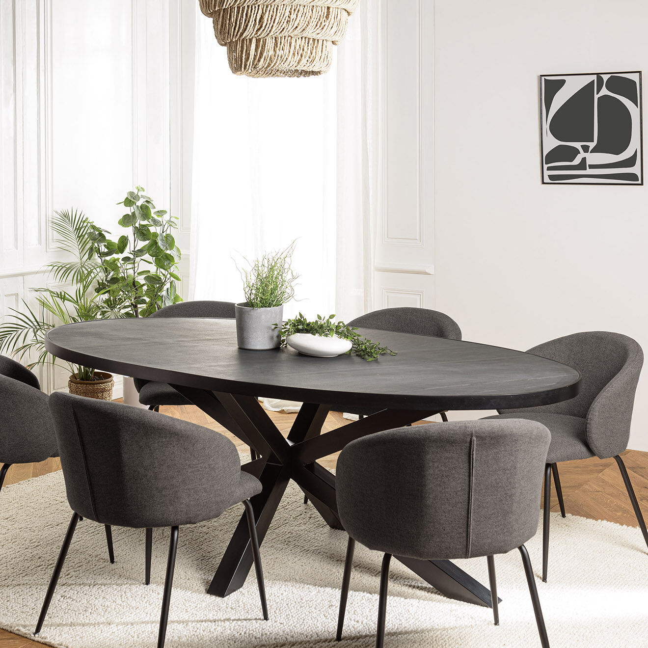 Macabane Table à manger plateau effet pierre Basile noire - 220x110x76 cm