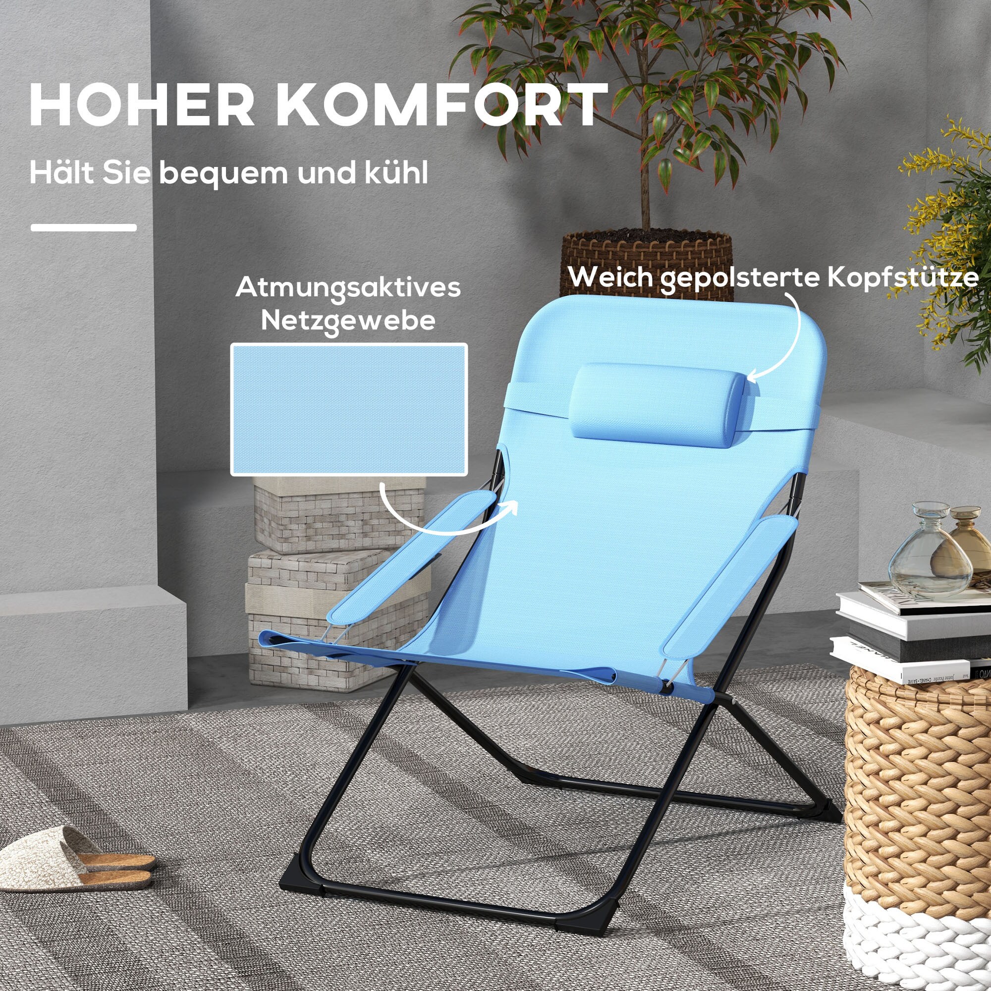 Outsunny Klappstuhl mit 4-stufiger Rückenlehnenverstellung und Kopfkissen blau 69L x 91B x 96H cm