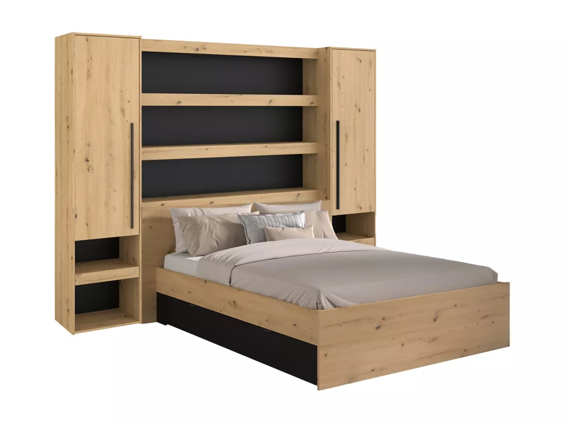 Lit pont 140 x 190/200 cm avec rangements - Avec LEDs - Coloris : Naturel et noir - VARLY