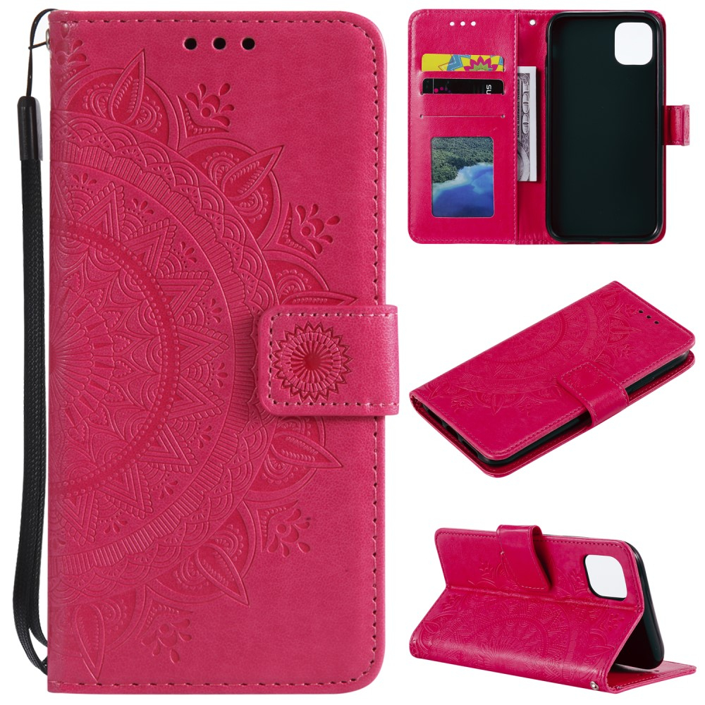 iPhone 13 Leder Tasche Wallet - Mandala Flowers Imprint - Rot / Pink