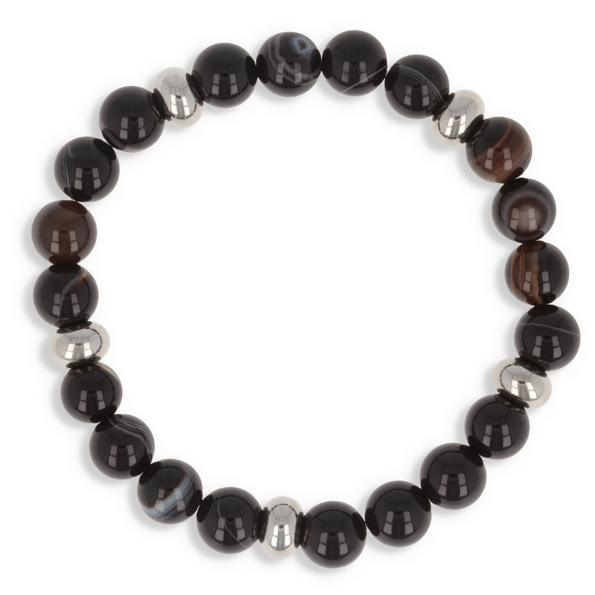 Bracelet élastique 60MM en pierre naturelle agate noire rayée et séparation en acier