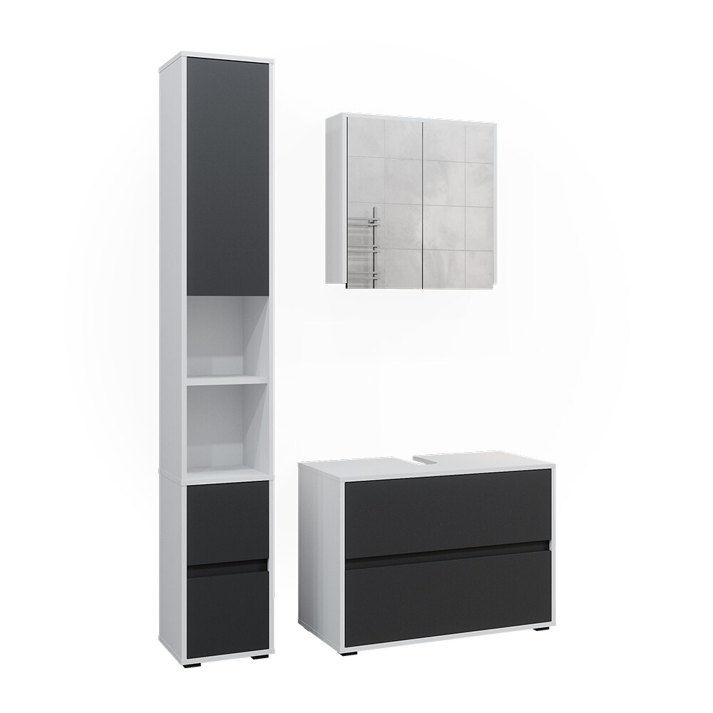 Badmöbel-Set Maltin Weiß Anthrazit modern Waschtischunterschrank Spiegelschrank Hochschrank