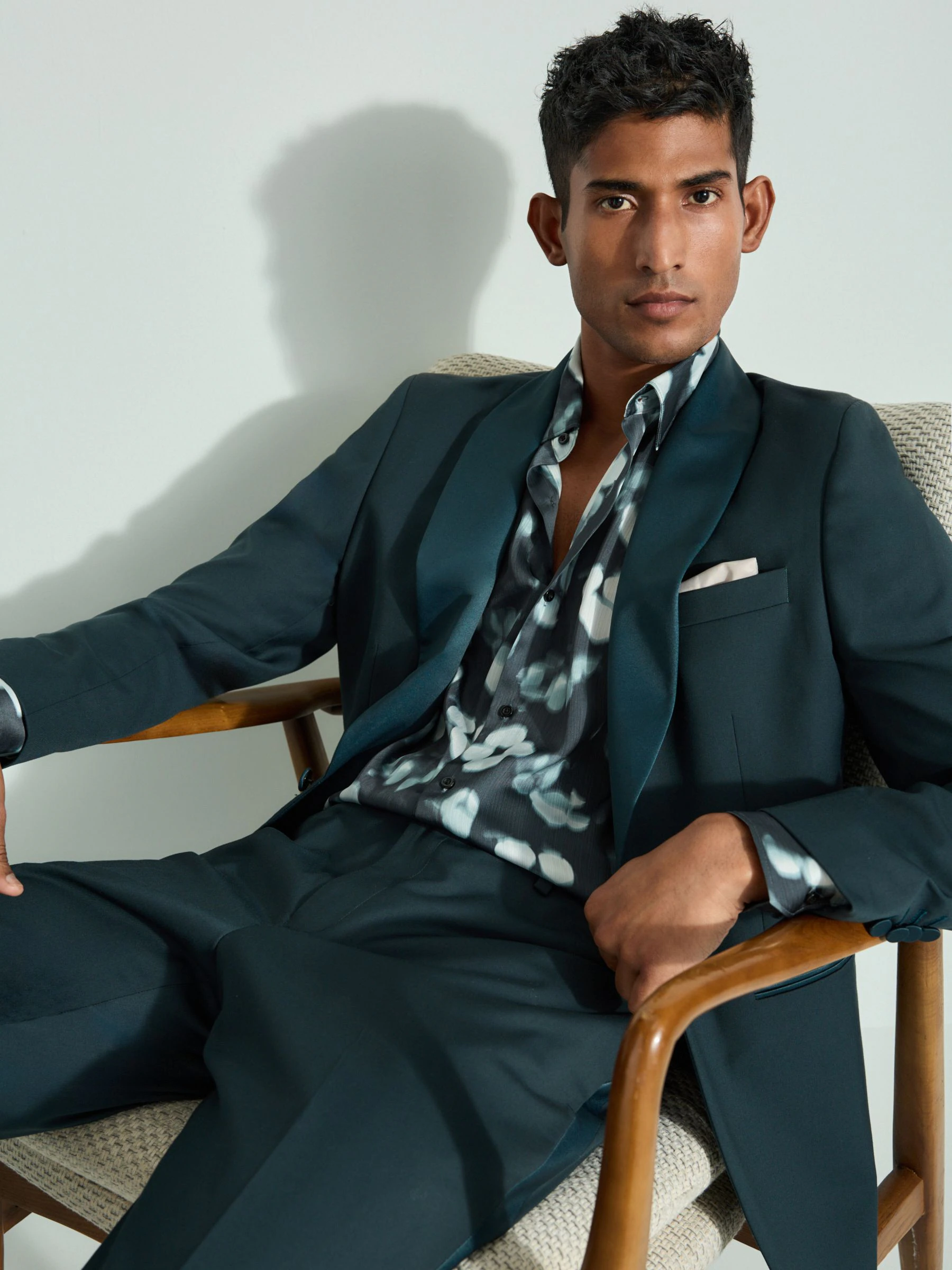 Blauwgroen - Slim Fit getrimd satijnen rand smoking jasje