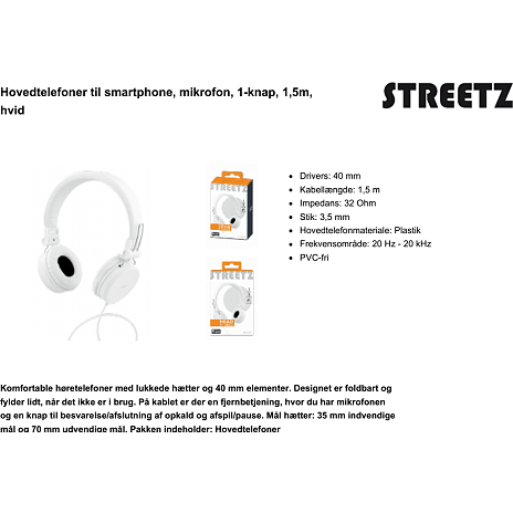 STREETZ H300 on-ear høretelefoner - hvid