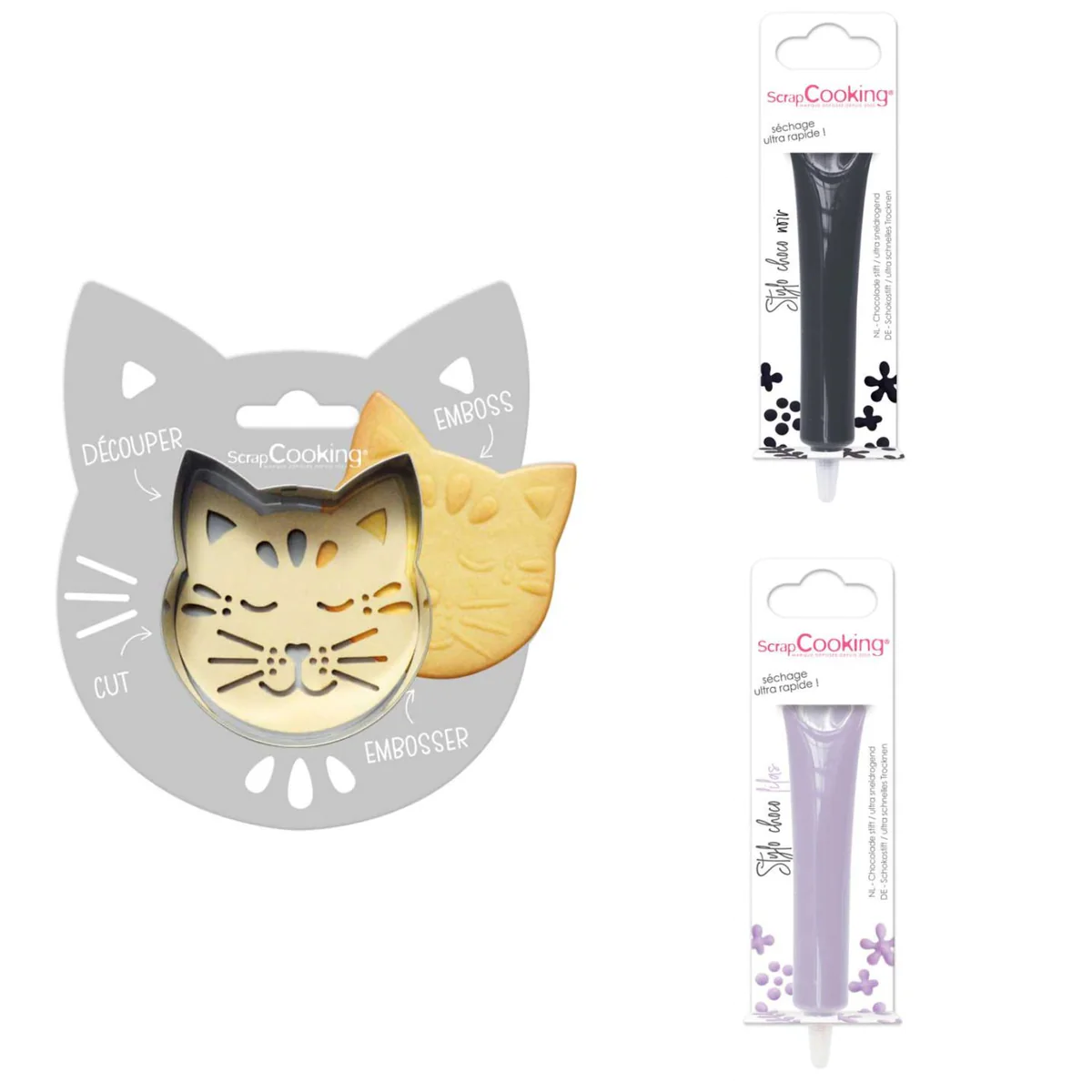 Kit pour biscuit en relief Chat + 2 Stylos au chocolat noir et lilas S