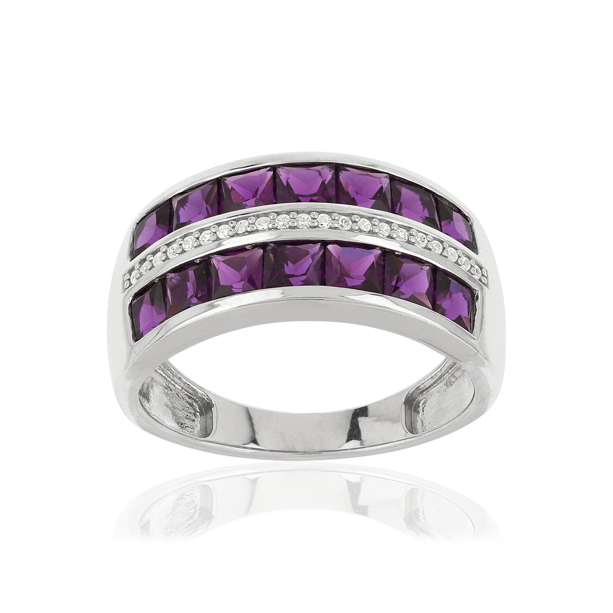Bague argent 925 pierres imitation violettes carrées et zirconias