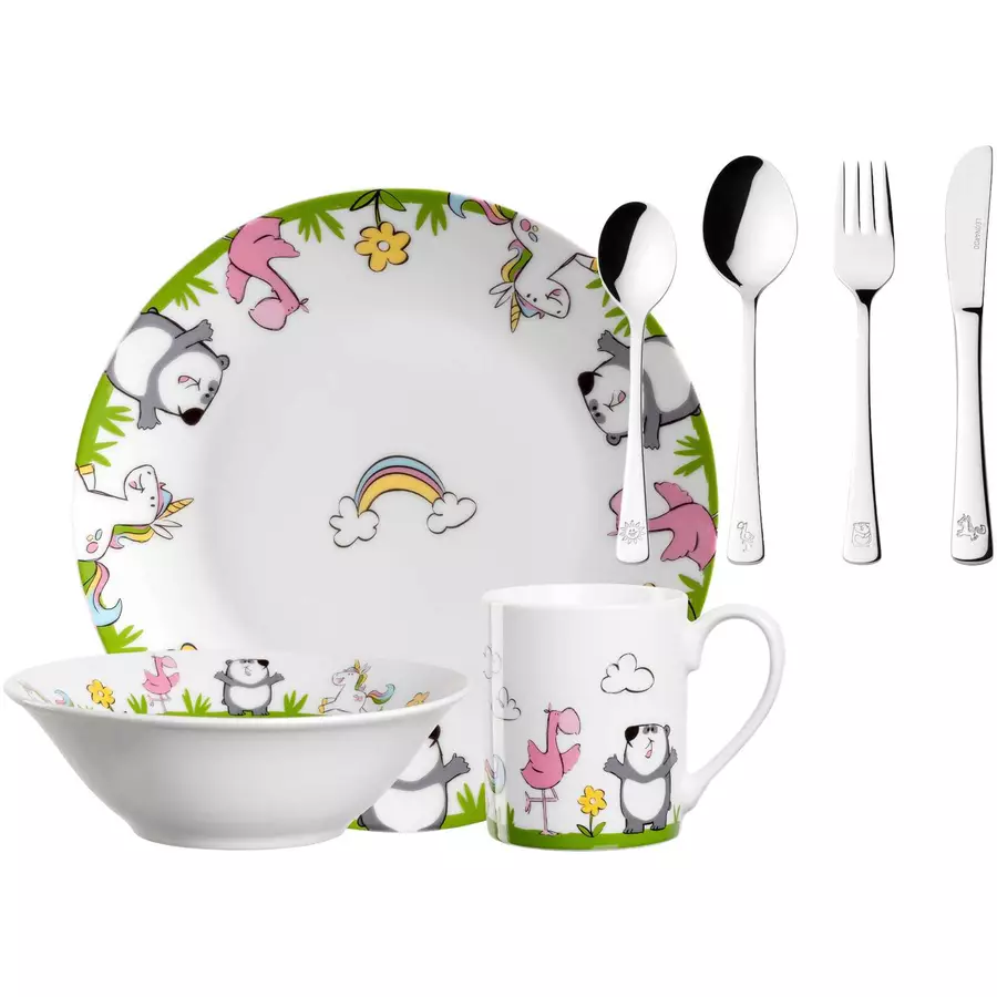 Leonardo Kindergeschirr mit Besteck Einhorn  Panda  Flamingo Bambini bunt