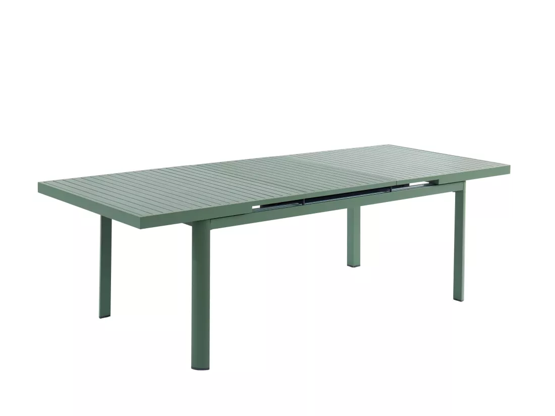 Salle à manger de jardin en aluminium : une table extensible L.180/240cm et 8 fauteuils empilables avec accoudoirs acacia - Vert amande - NAURU de MYLIA