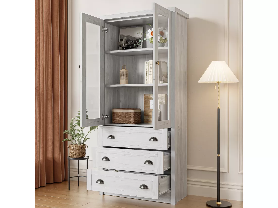 Armoire haute moderne 80x34x171 cm - avec 2 portes vitrées - 3 tiroirs - blanc