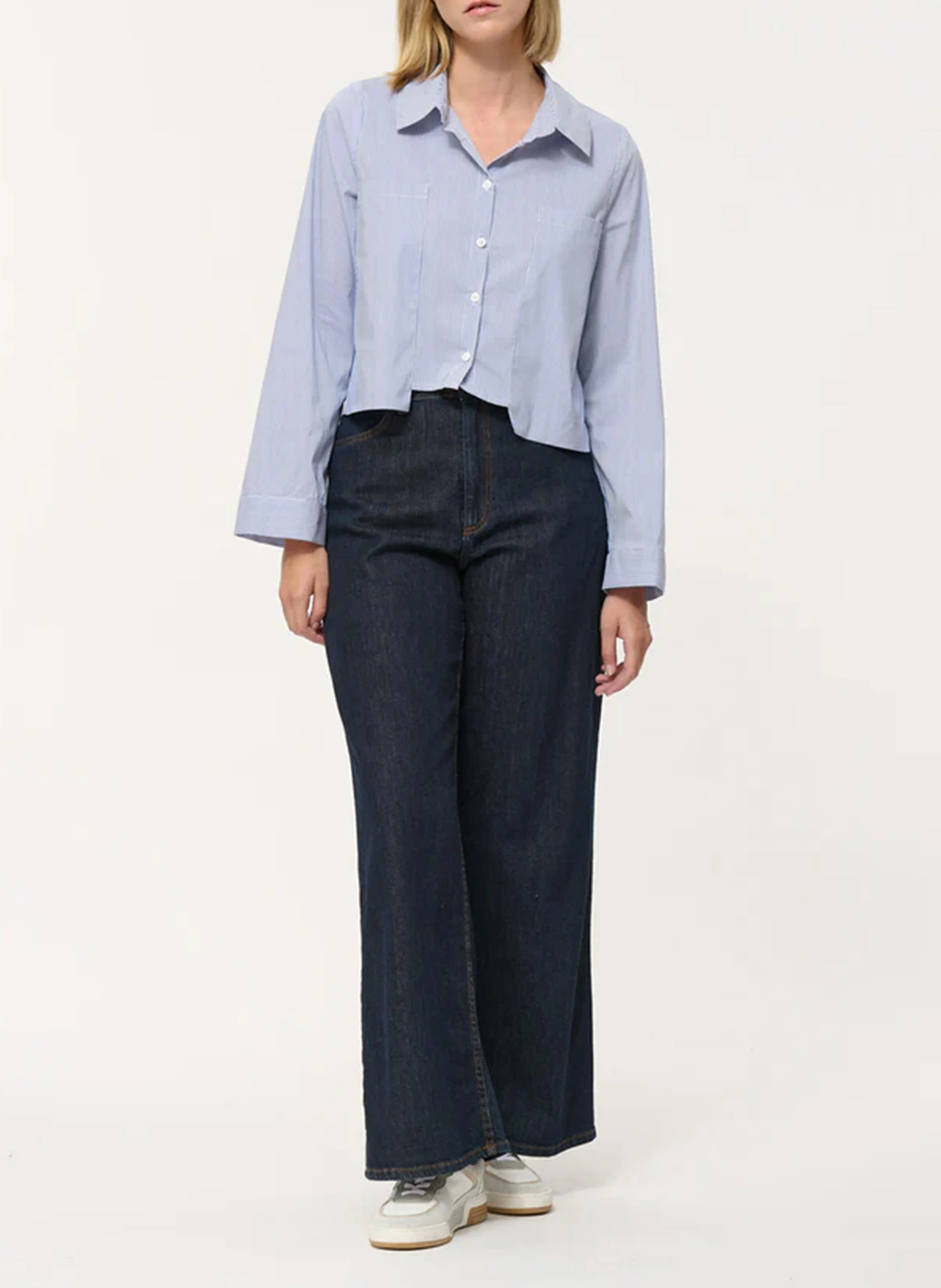 Chemise courte col classique rayée en coton mélangé | Bleu
