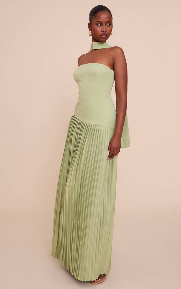 Vert Sauge Robe Maxi Plissée Asymétrique En Tissu Tissé