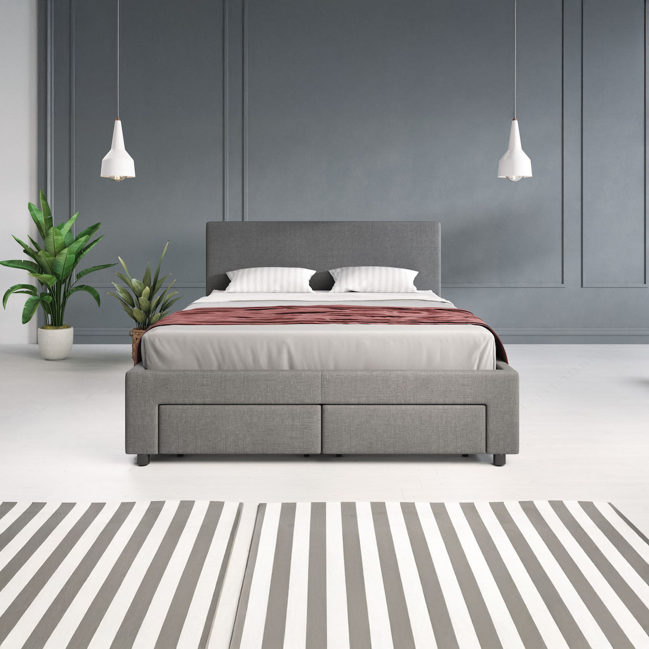 Suente - Tweepersoonsbed met 4 lades - Stof grijs - 140x200 cm