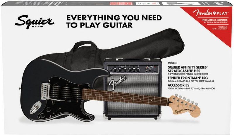Squier Affinity Stratocaster HSS Pack IL, Charcoal Frost Metallic Elektrische gitaar starterset zwart