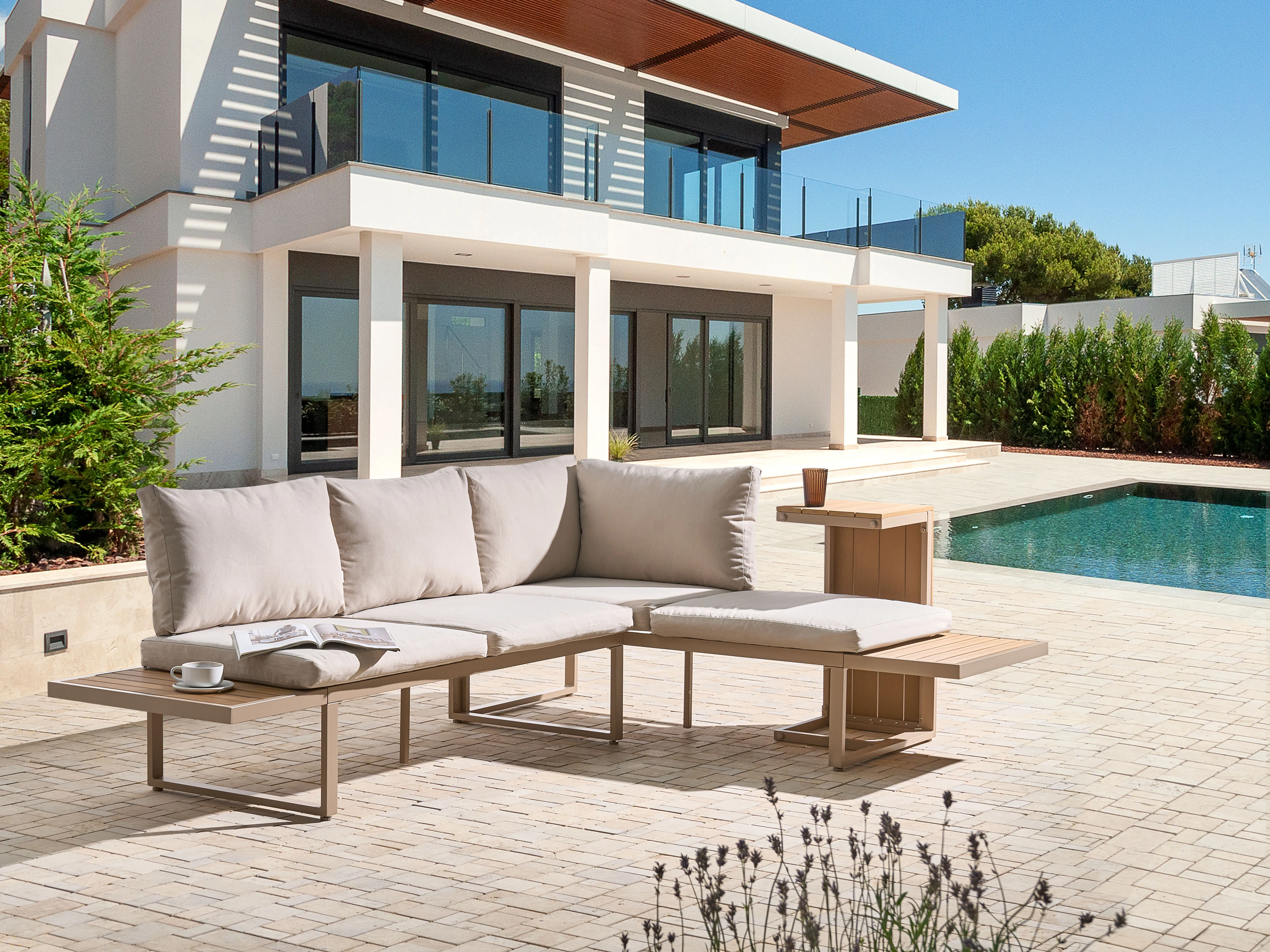 Tuin hoekloungeset met tafel 4-zits PIENZA rechtszijdig modulair Lichtbruin/beige