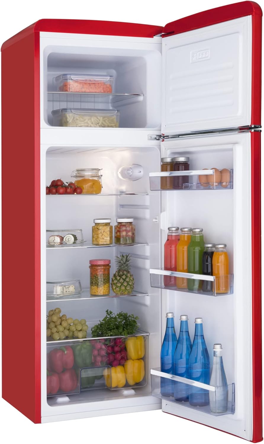 Amica KGC 15630 R Retro Kühl-/Gefrierkombination / Chili Red (Rot) / 144cm (H) x 55cm (B) x 62cm (T) / Retro-Design / Kühlschrank mit Gefrierfach