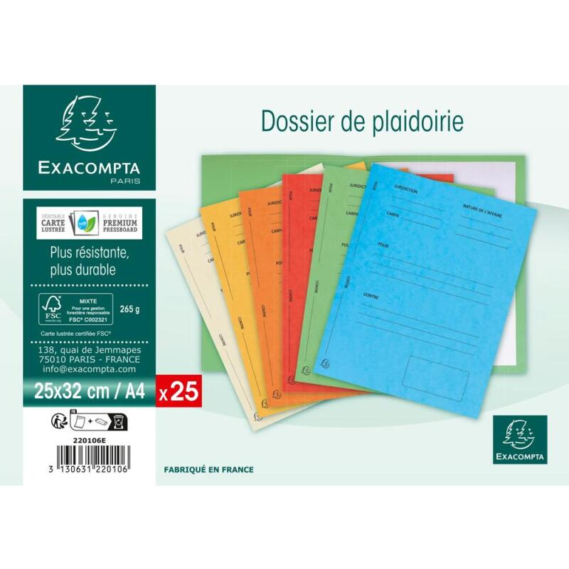 Paquet de 25 dossiers de plaidoirie Pour/Contre carte lustrée 25x32cm