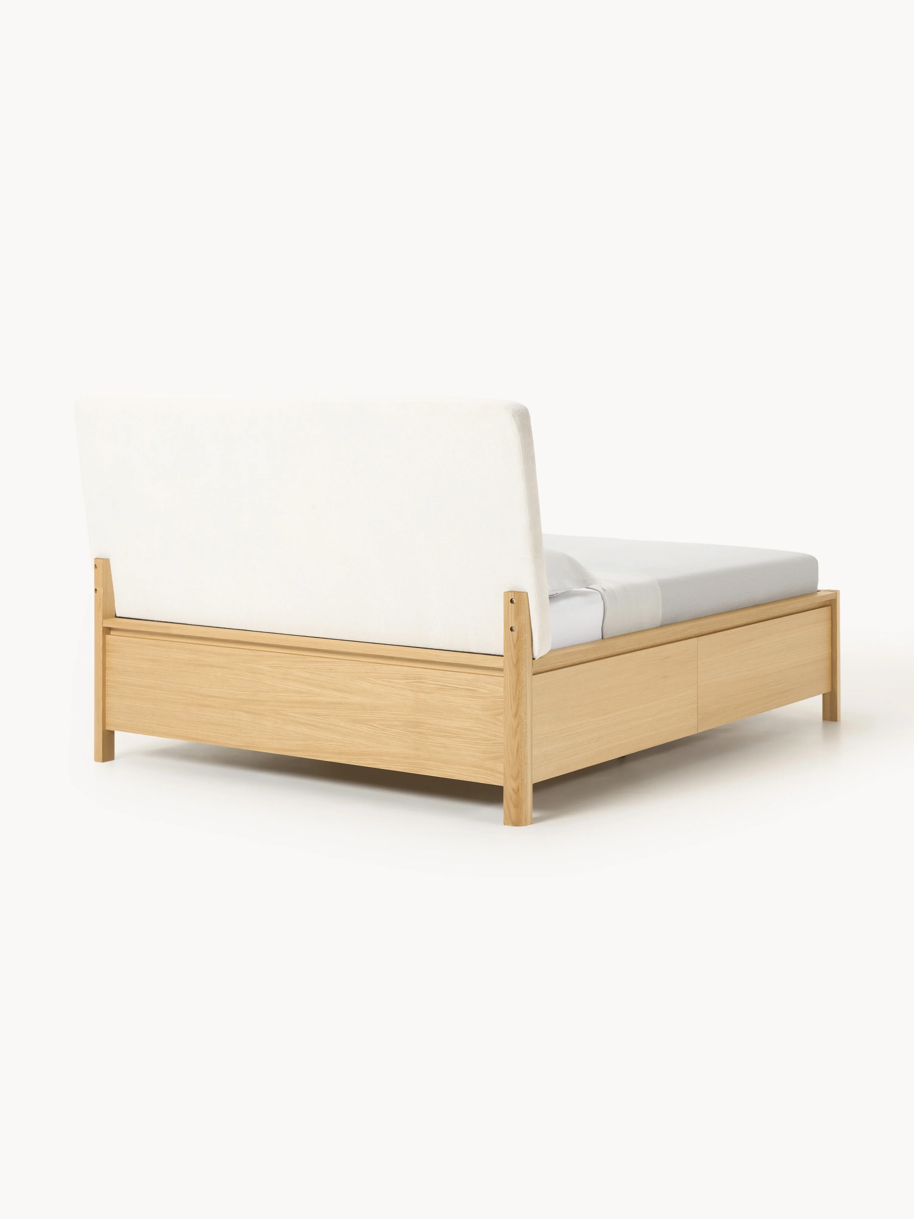 Houten bedframe Santiago met gestoffeerd hoofdeinde en lades