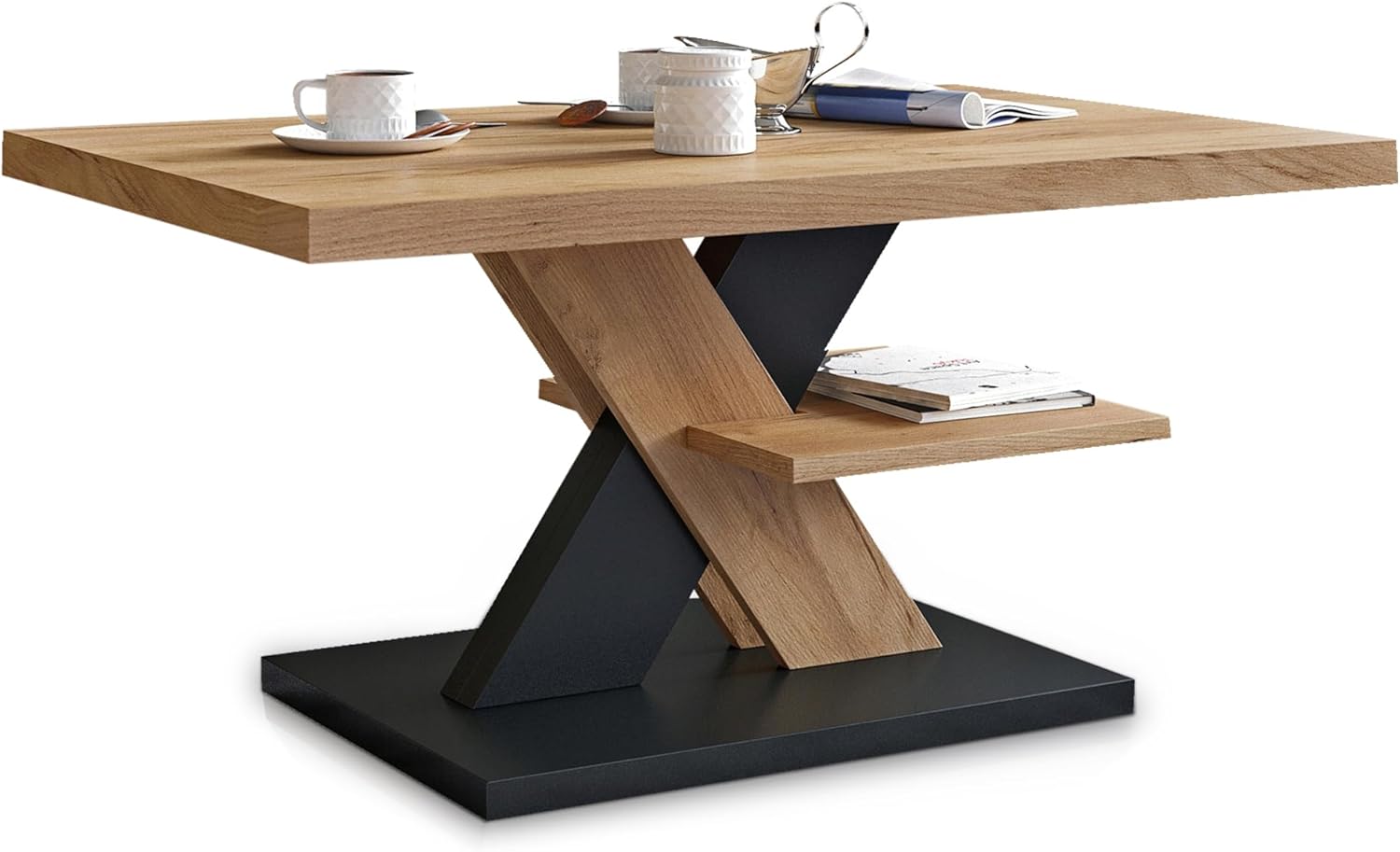 Viosimc Couchtisch, Moderner Wohnzimmertisch, Modern Möbel Wohnzimmer, Kaffeetisch, Sofatisch mit Großer Ablage, Beistelltisch für Tee und Kaffee – Coffee Table for Living Room - Eiche & Schwarz