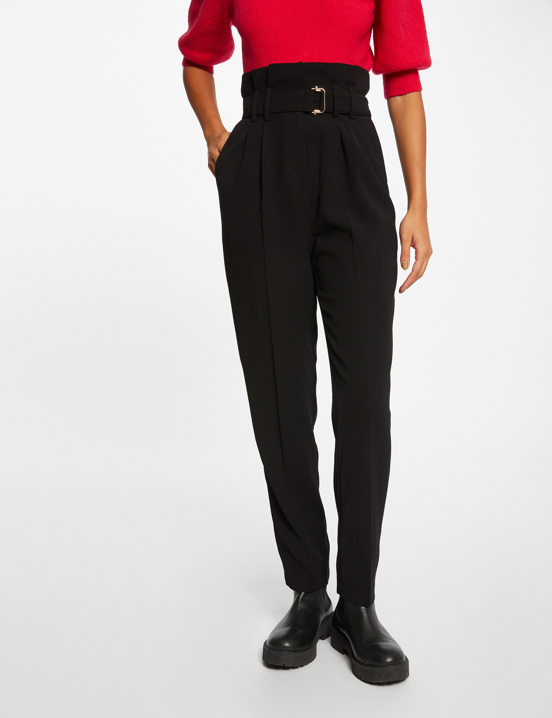 Pantalon paperbag ceinturé noir femme - noir