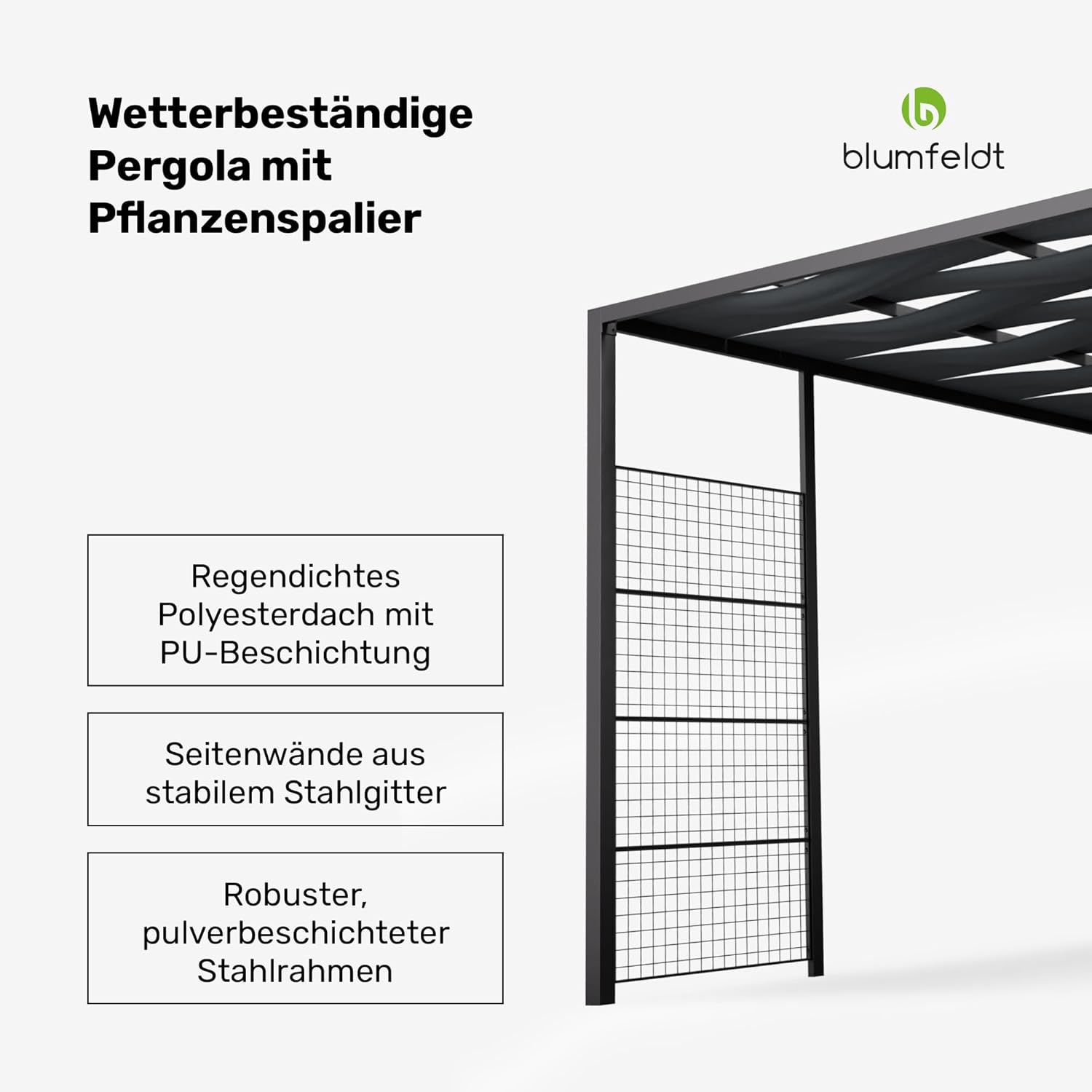 Blumfeldt Pavillon 3x3, Wasserdicht Stabil Winterfest, Pulverbeschichteter Stahlrahmen, PA-Beschichtetes Dach, Integrierte Spalierwand, Einfache Montage, Wetterfest für ganzjährige Nutzung