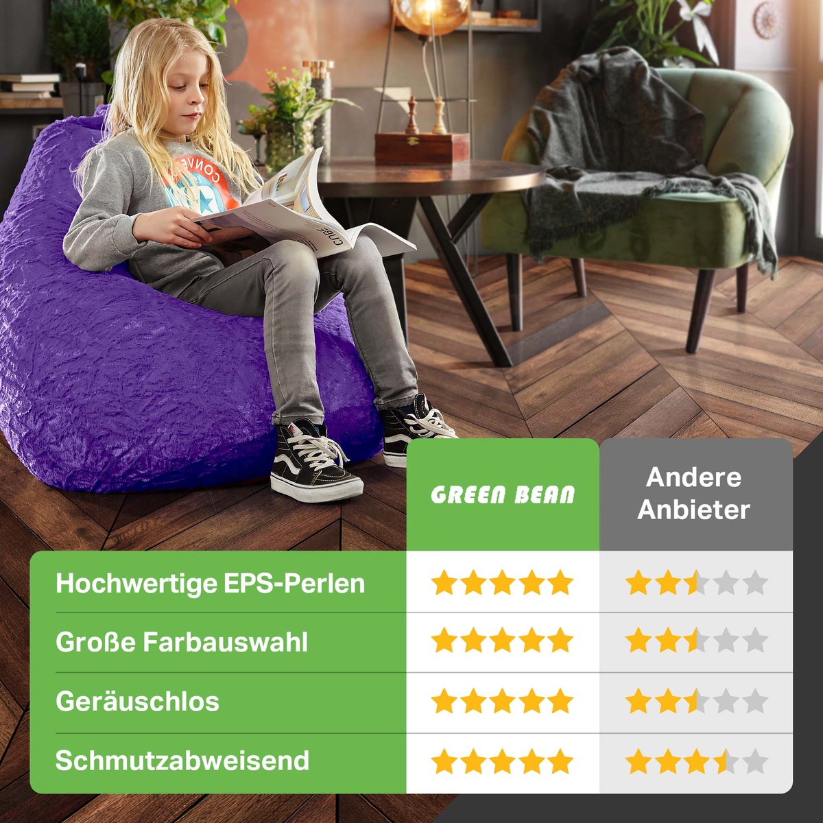 Green Bean Pluche Zitzak 45x45x60cm - Binnenzitkussen met 120L EPS-korrelvulling, comfortabel, wasbaar - Zitzak Vloerkussen, Loungestoelkruk - Paars