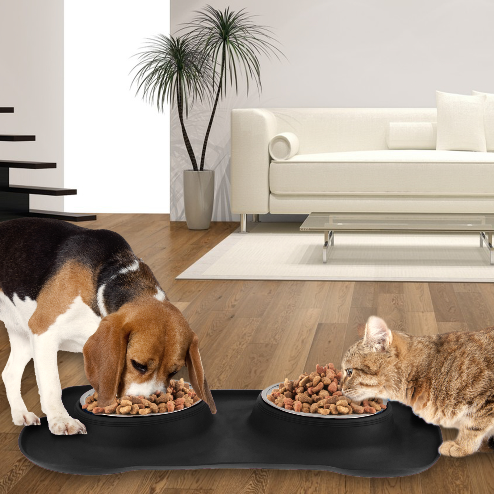 Alimentador e bebedouro 2 em 1 para animais de estimação, preto