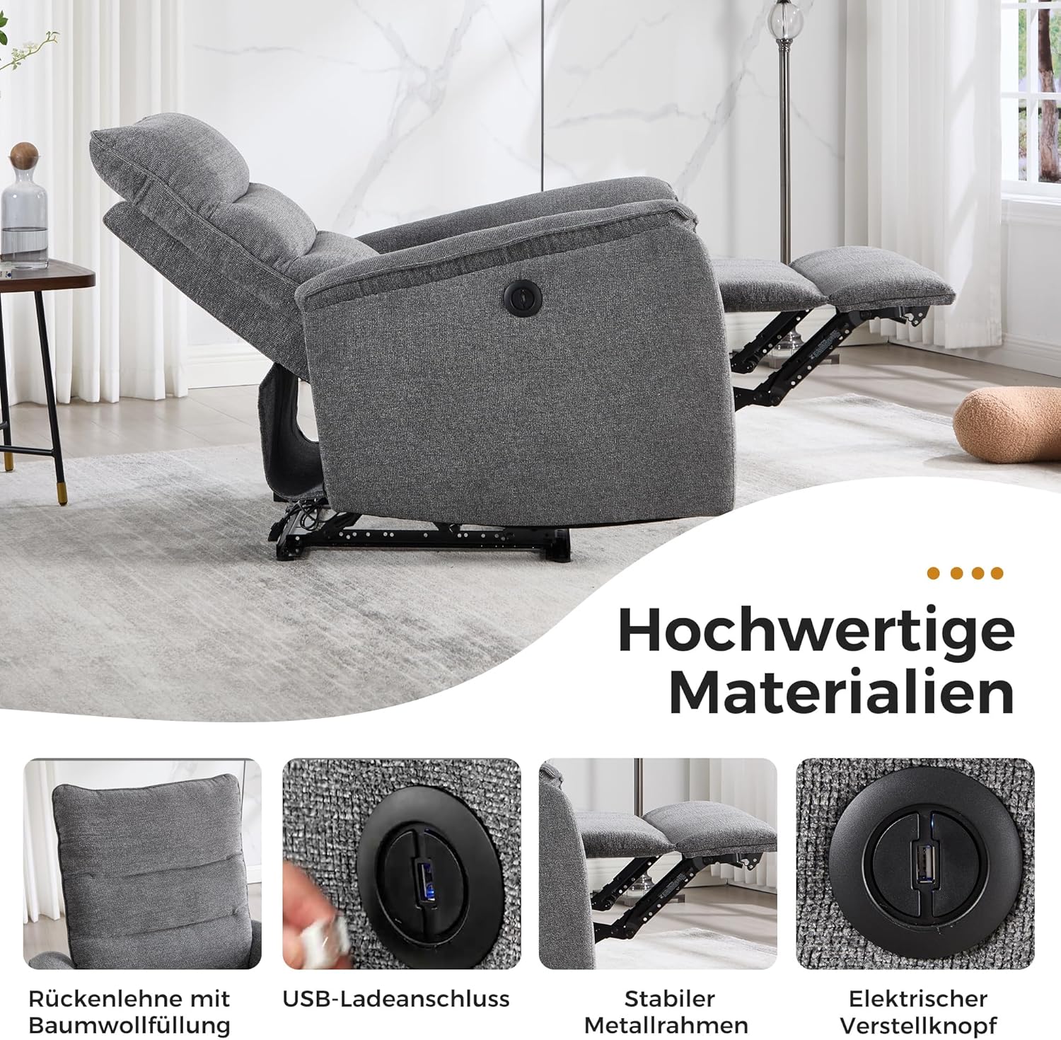 EBELLO Elektrischer Relaxsessel Fernsehsessel mit Liegefunktion Liegesessel Wohnzimmer TV Sessel, bis 150 kg Belastbar, Einzelliegesessel für Wohnzimmer, Dunkelgrau