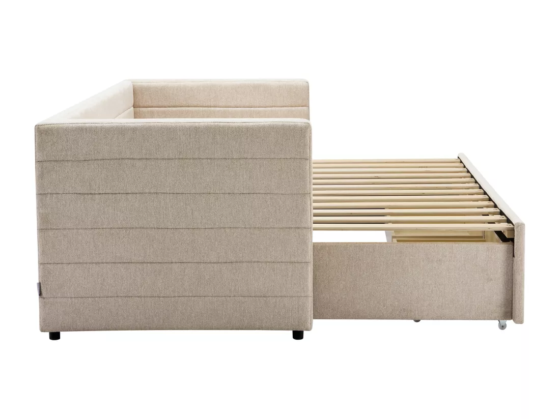 Lit gigogne 2 x 80 x 200 cm - Avec sommier peigne et tiroirs - Tissu texturé - Beige + Matelas - CAMITY