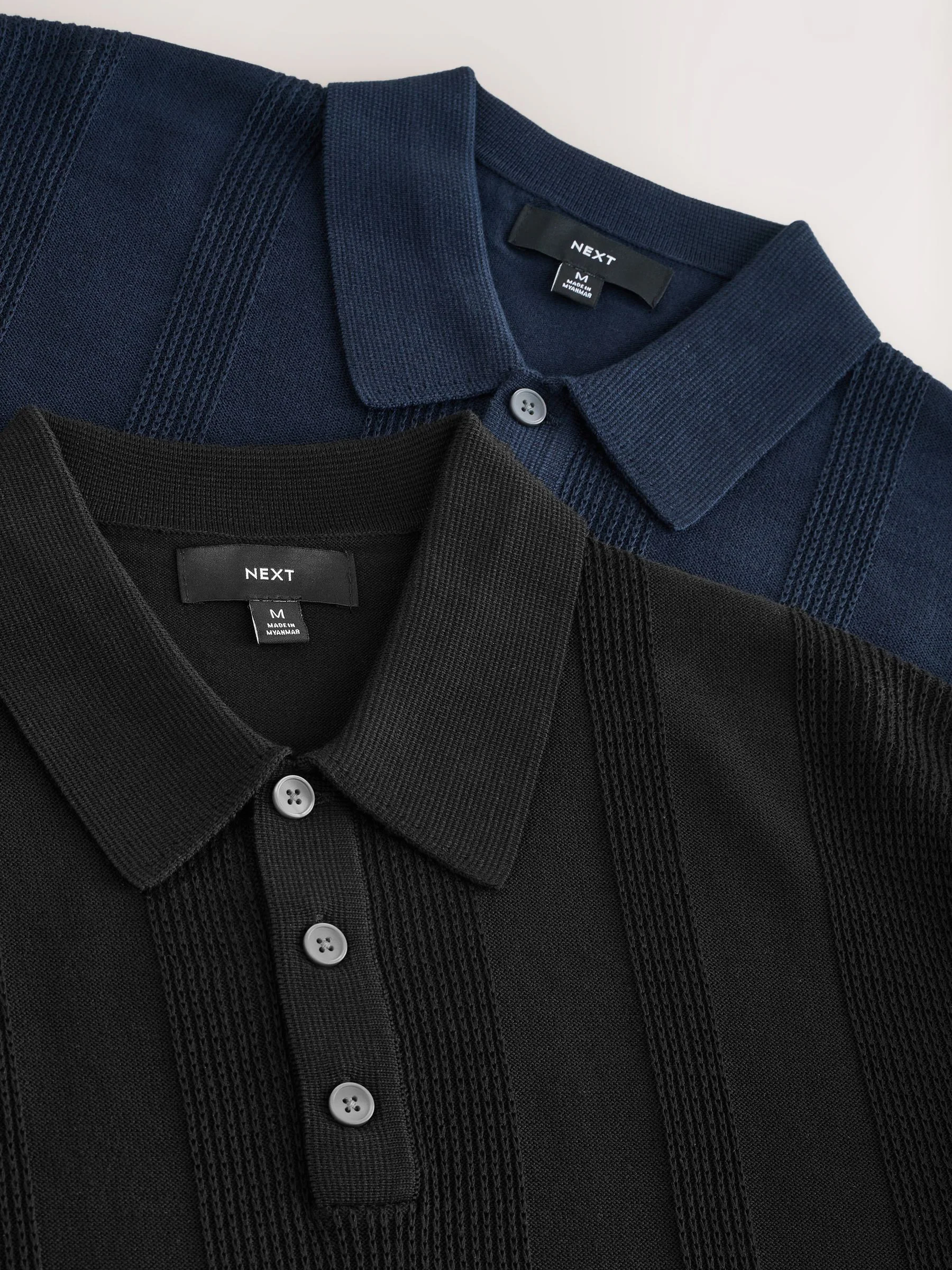 Marineblauw/zwart - Regular-fit poloshirts met textuur, hoog katoengehalte, korte mouwen en gebreid 2 stuks