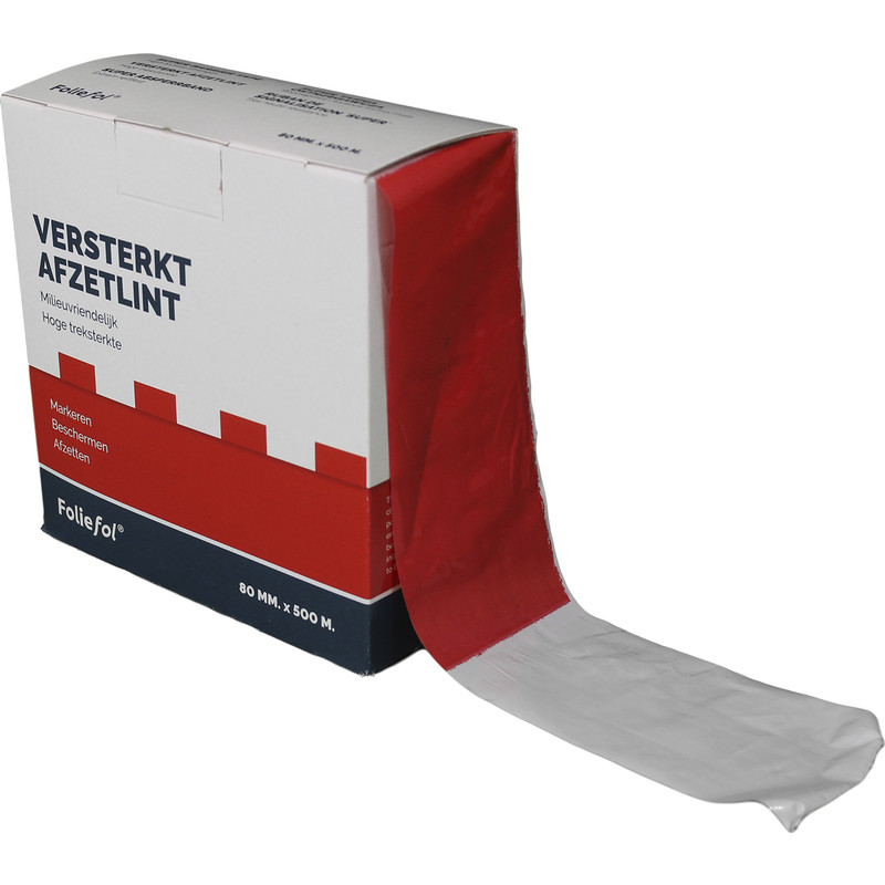 Berdal foliefol versterkt afzetlint 80mm x 500m rood/wit