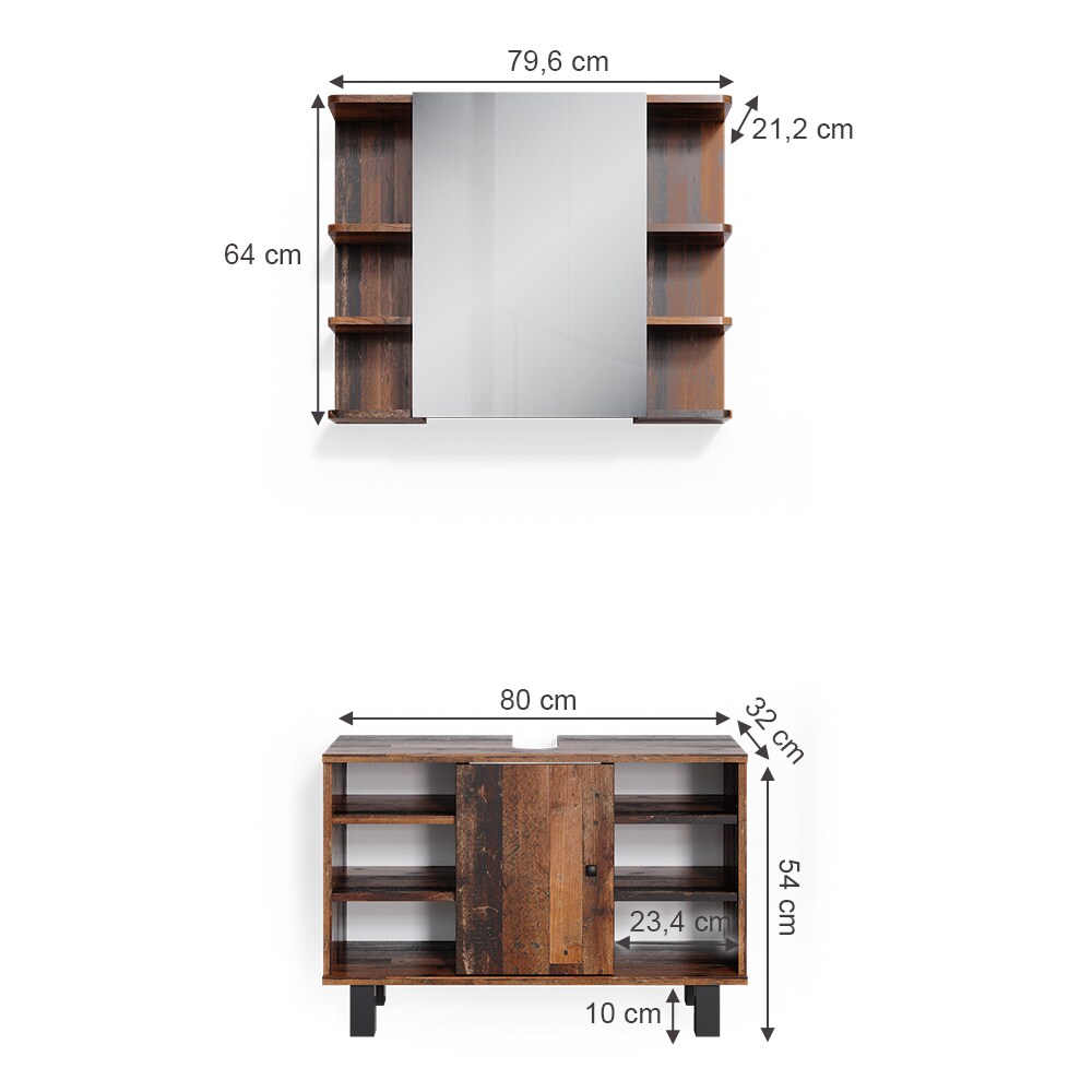 Vicco Badmöbelset Waschtischunterschrank 80 cm Spiegelschrank Fynn Old Style