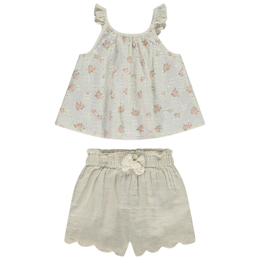Ensemble short + débardeur en broderie anglaise imprimé fantaisie pour fille - Ecru