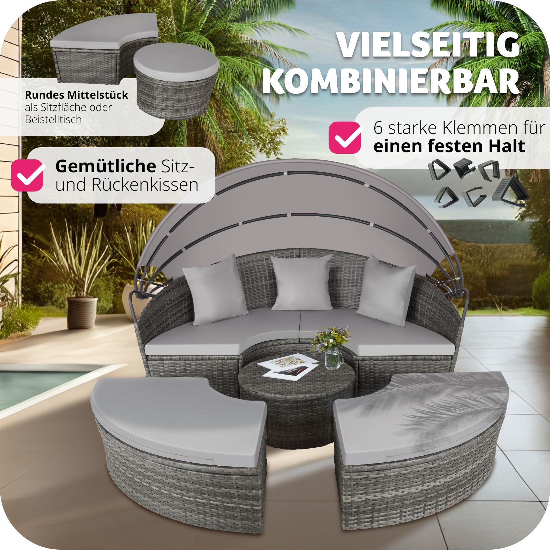 tectake® Rattan Sonneninsel, widerstandsfähig, klappbares Sonnendach, variabel aufstellbar