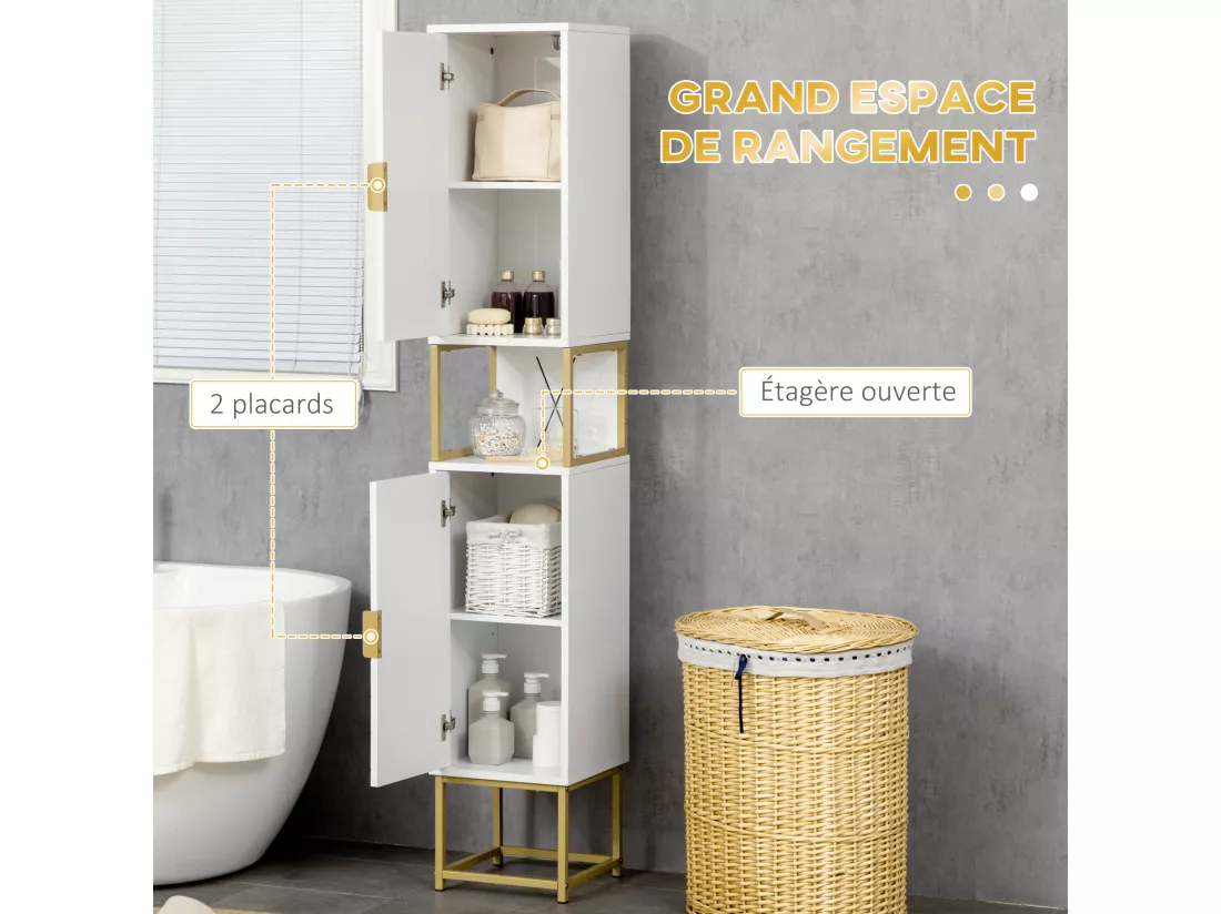 Meuble colonne rangement salle de bain design - 2 portes, 2 étagères, niche - acier doré MDF blanc