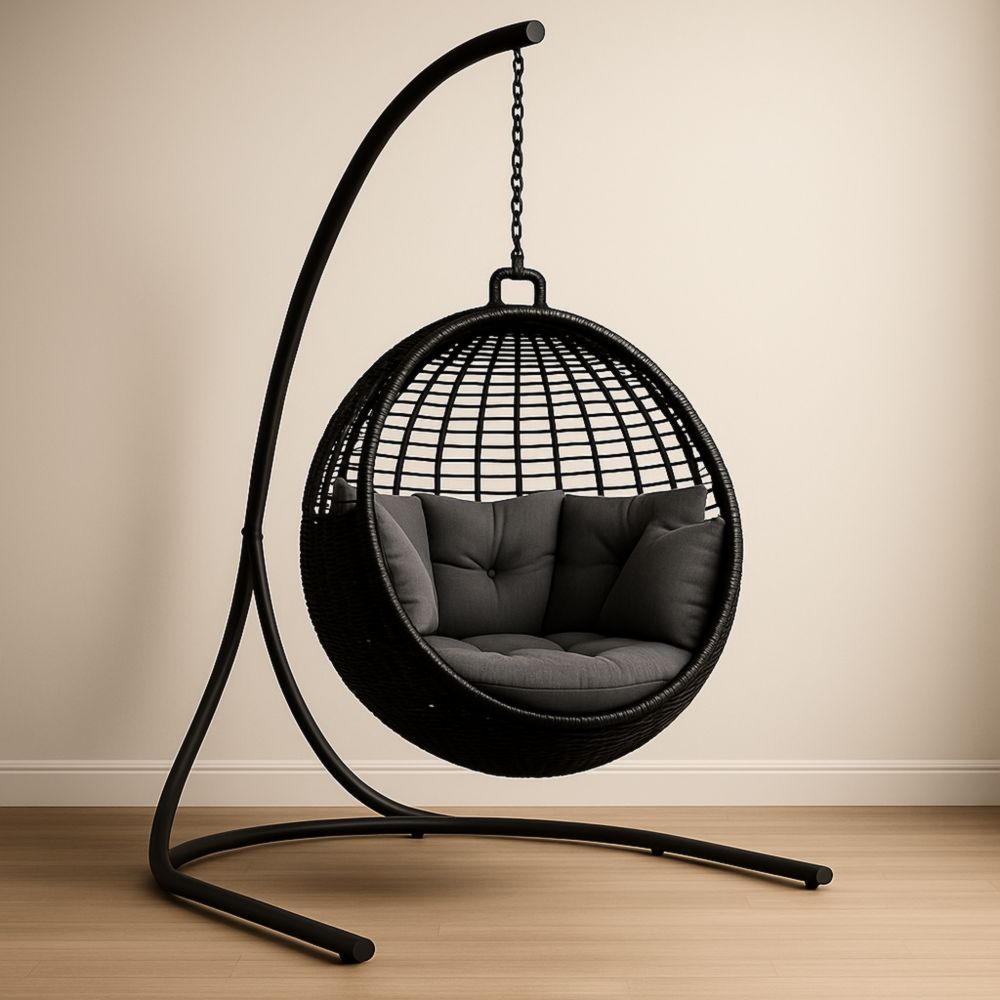 Hängesessel aus Polyrattan mit Gestell Schwarz Rund