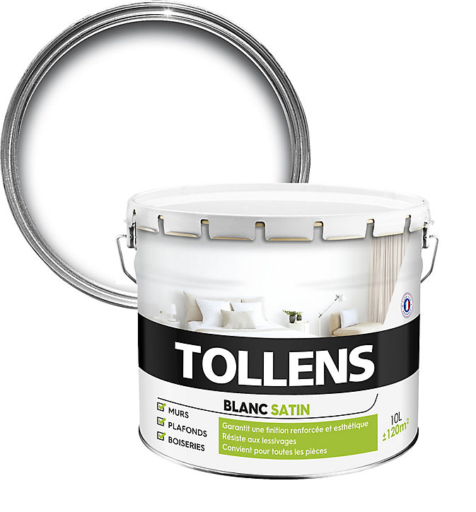 Peinture Tollens murs et plafonds satin blanc 10L
