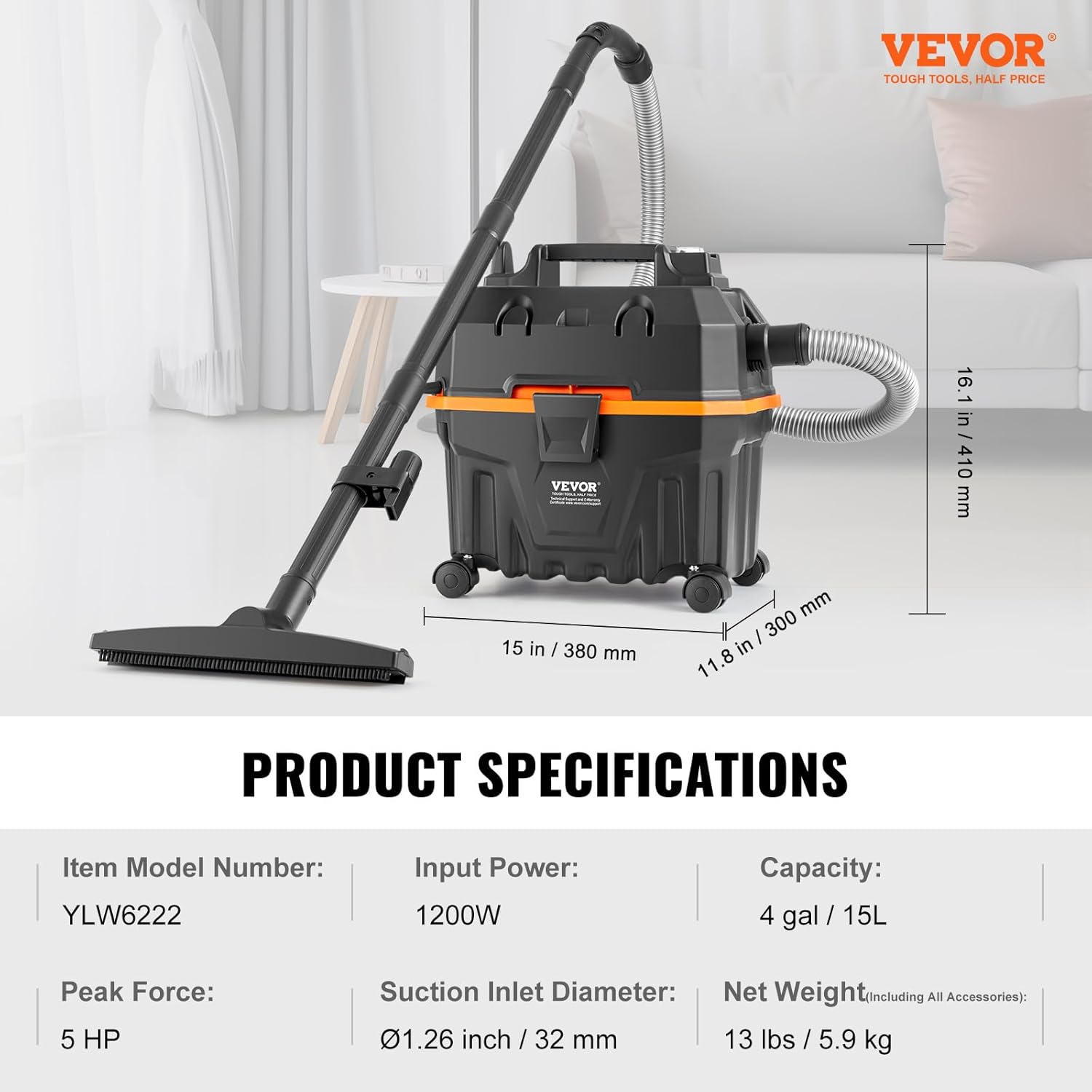 VEVOR Aspirateur eau et poussière 15 L, aspirateur d'atelier sec humide portable léger, 5 CV max, aspiration et soufflerie efficaces avec buse, roulettes, pour tapis, débris, poils d'animaux, noir : Cuisine et Maison